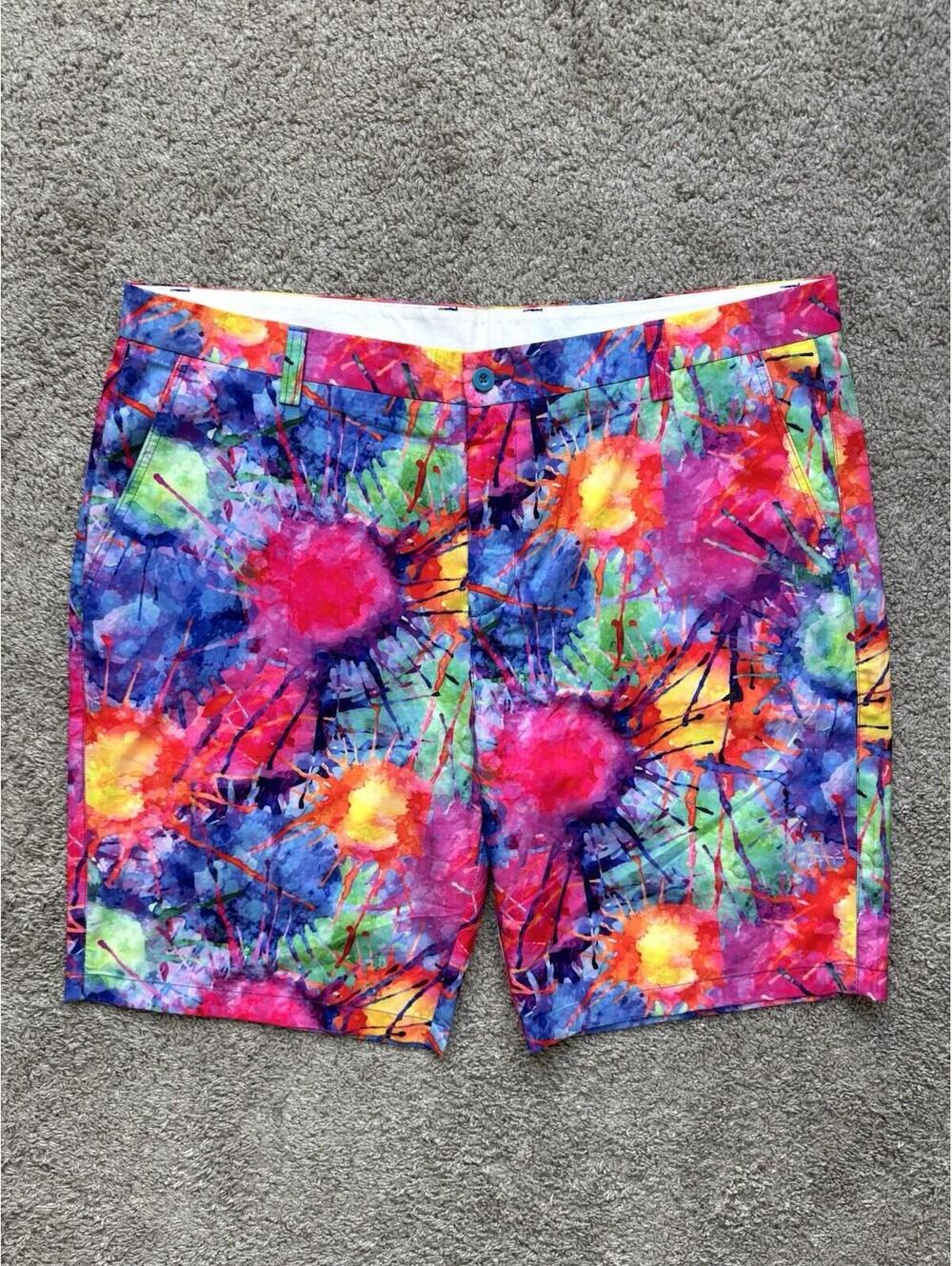 Hreski Shorts Men’s Size 40 Colorful Splatter Paint Loud Golf Shorts 10”